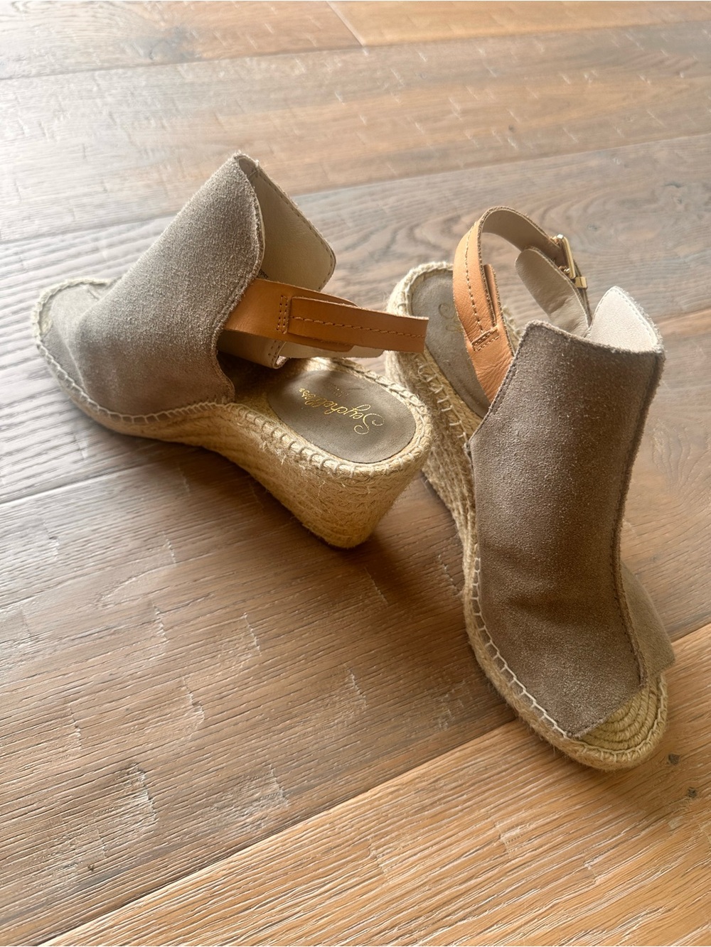 Seychelles Taupe Suede Espadrille Wedge with Tan Ankle Strap